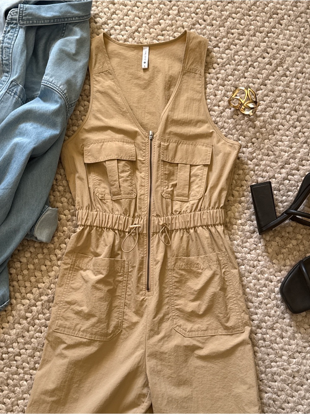 Love Tree Utility Jumpsuit Tan Sleeveless Cargo Wide Leg Small